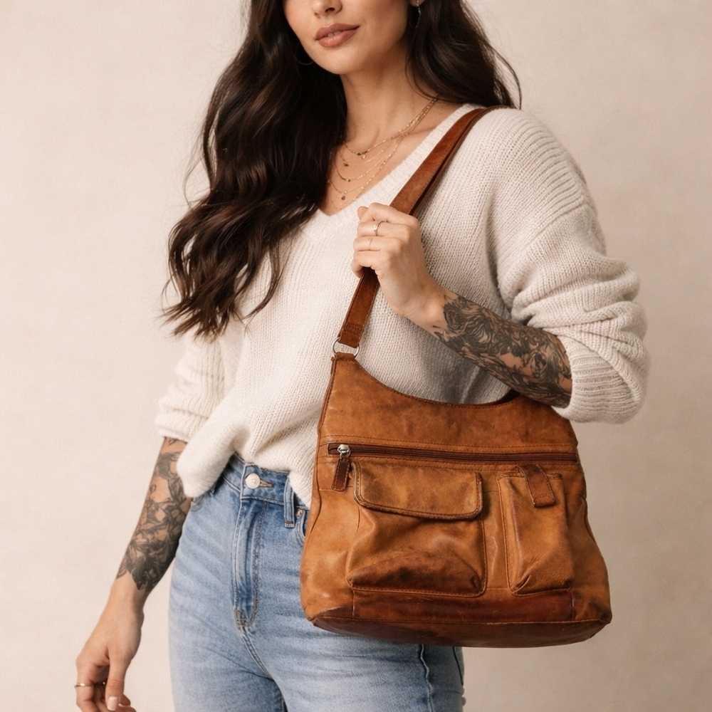 Fossil Cognac Leather Shoulder Bag Vintage Utility Brown Patina